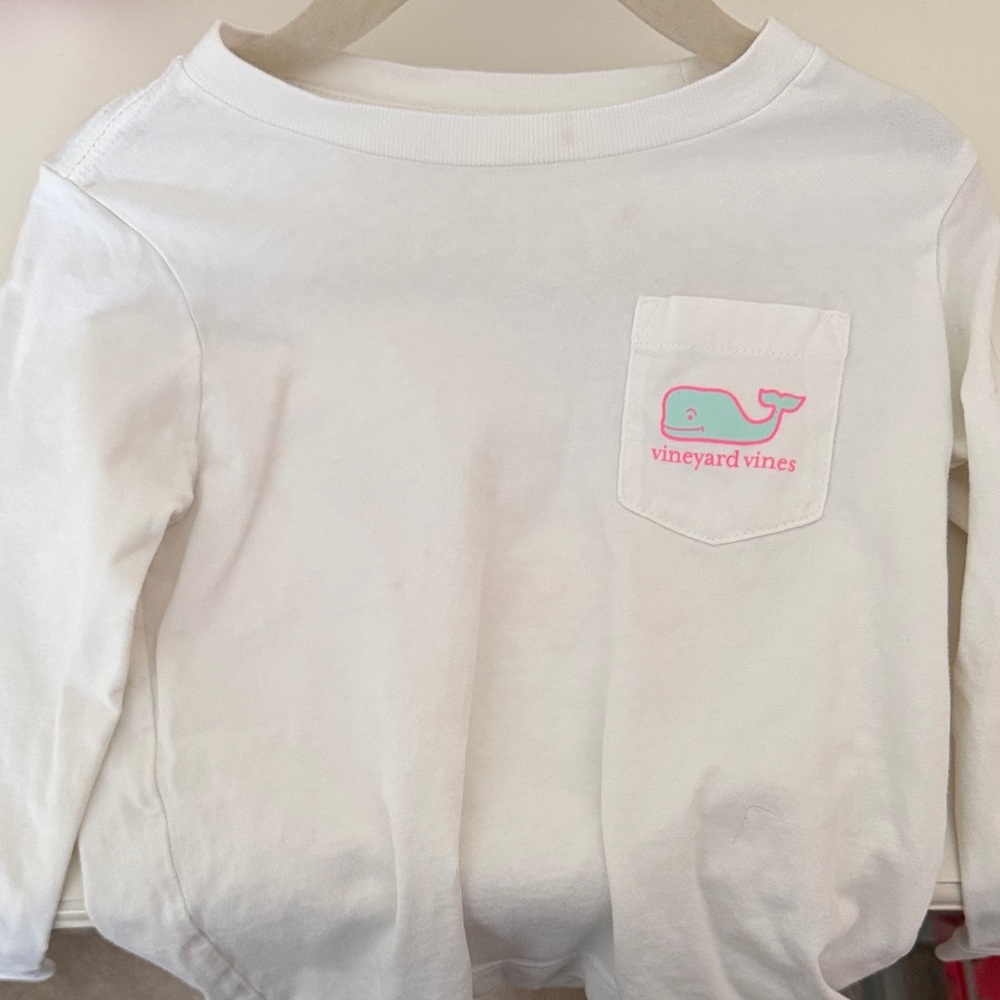 Vineyard Vines Kids White Long Sleeve Tee with Pink Logo